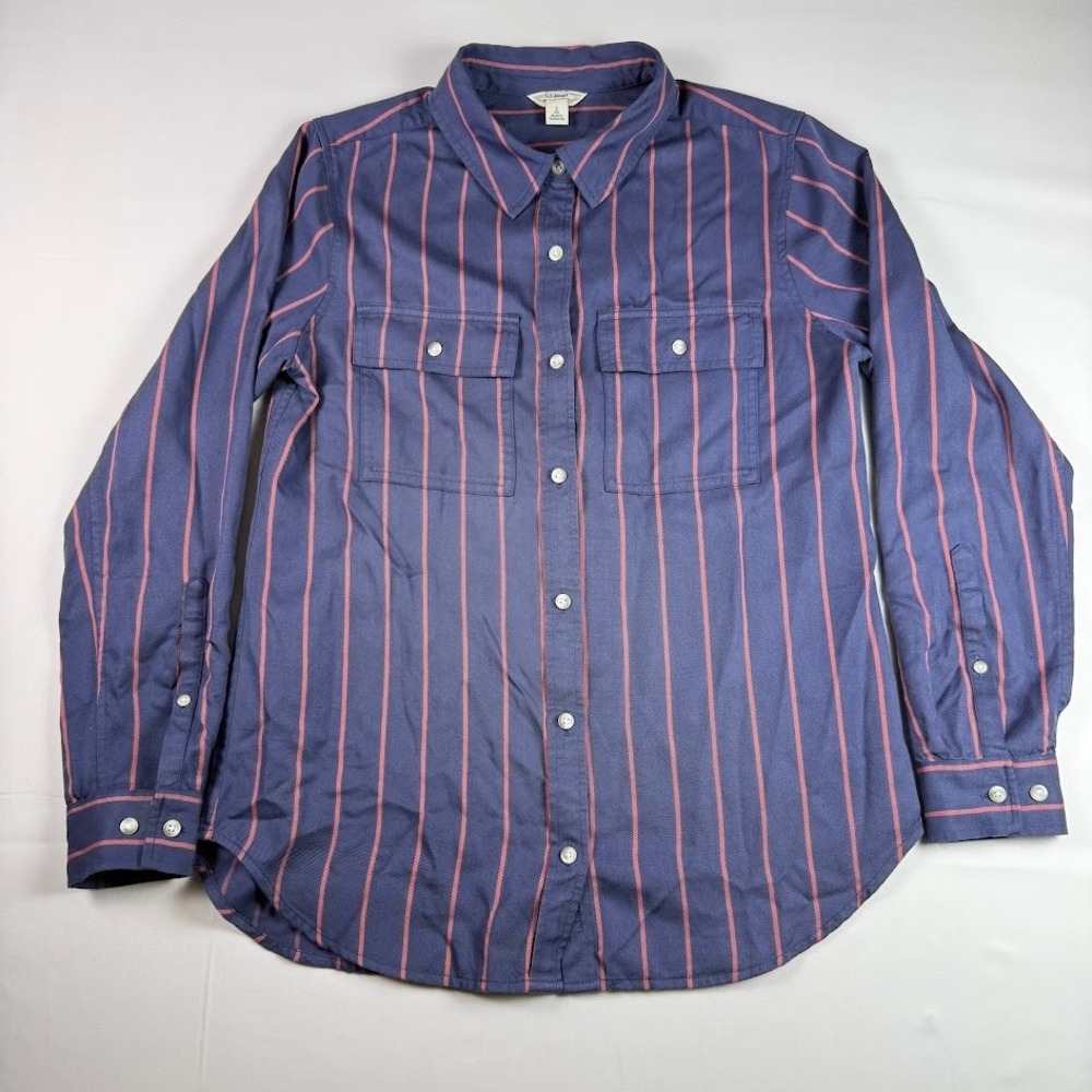 LL Bean Womens Tencel Lyocell Striped Button Down Shirt Navy Coral Small 523203